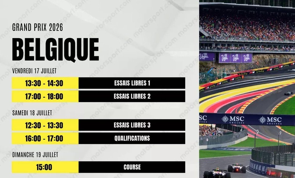 Grand Prix de Belgique F1 2026 : dates, horaires, programme TV et informations sur Spa-Francorchamps