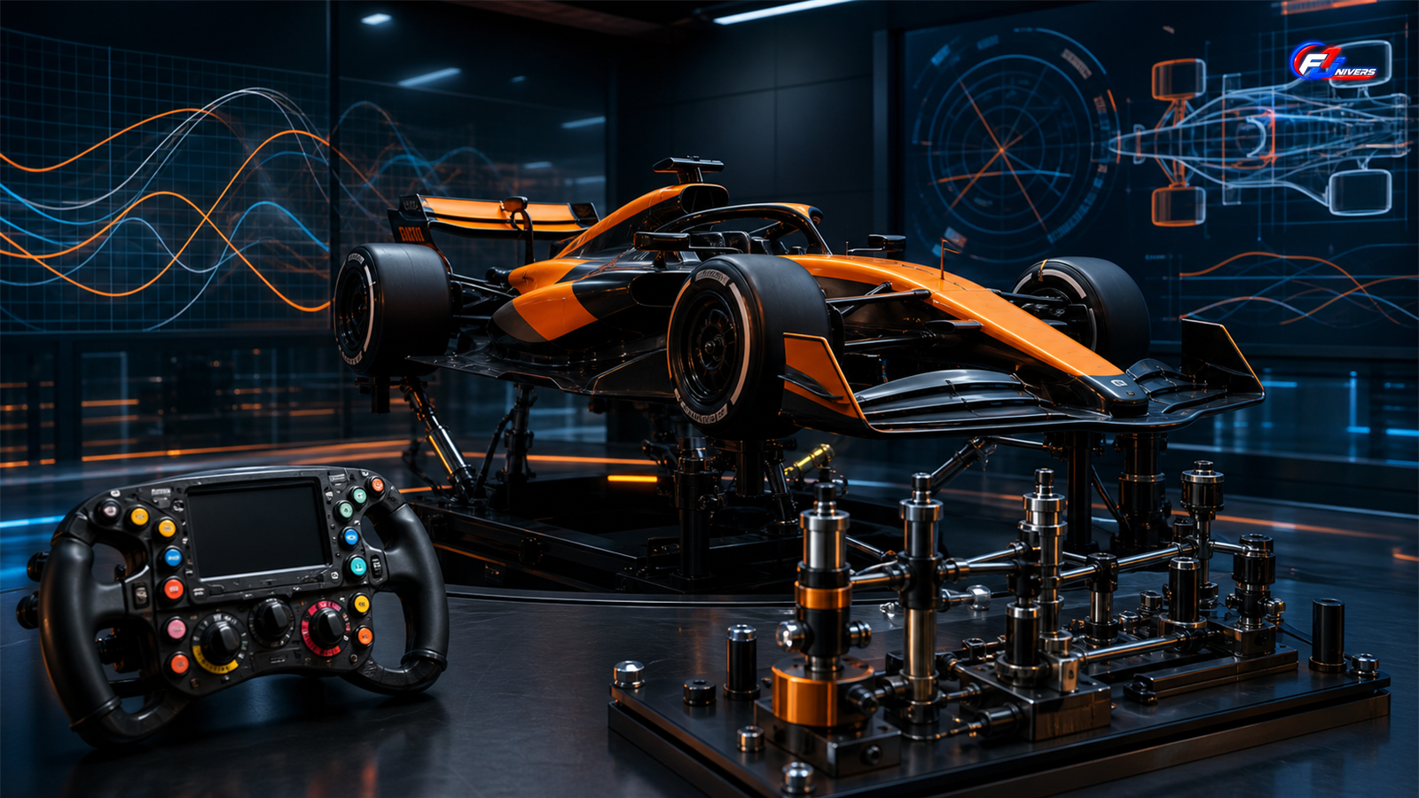 Monoplace fictive sur un banc de développement illustrant l’adaptation technique d’Oscar Piastri en F1 2026 — visuel éditorial généré par IA