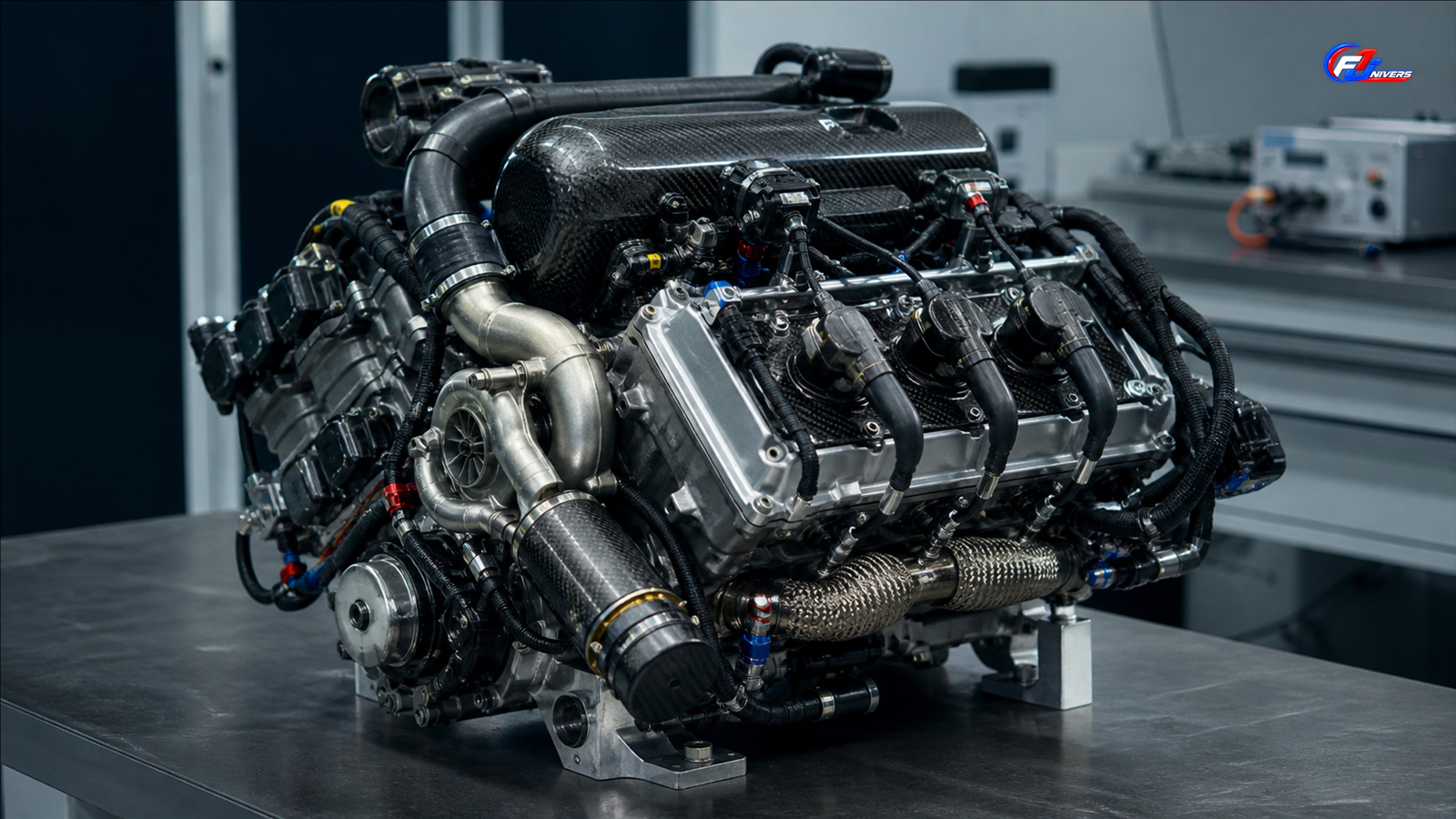 V6 turbo fictif à deux bancs de trois cylindres, illustrant la partie thermique évaluée par l’ADUO 2026 — visuel éditorial généré par IA pour F1 Univers.