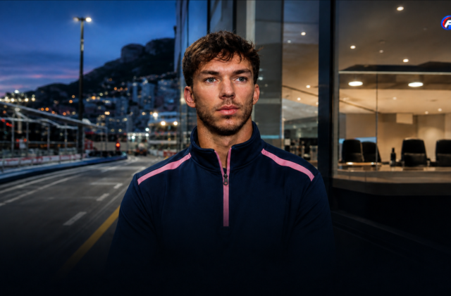 Appel Gasly à Monaco illustré par Pierre Gasly devant une voie des stands et une salle d’audience fictives — visuel éditorial généré par IA pour F1 Univers.