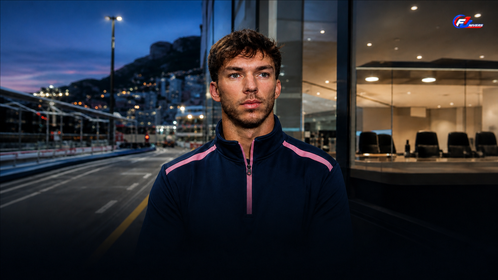 Appel Gasly à Monaco illustré par Pierre Gasly devant une voie des stands et une salle d’audience fictives — visuel éditorial généré par IA pour F1 Univers.