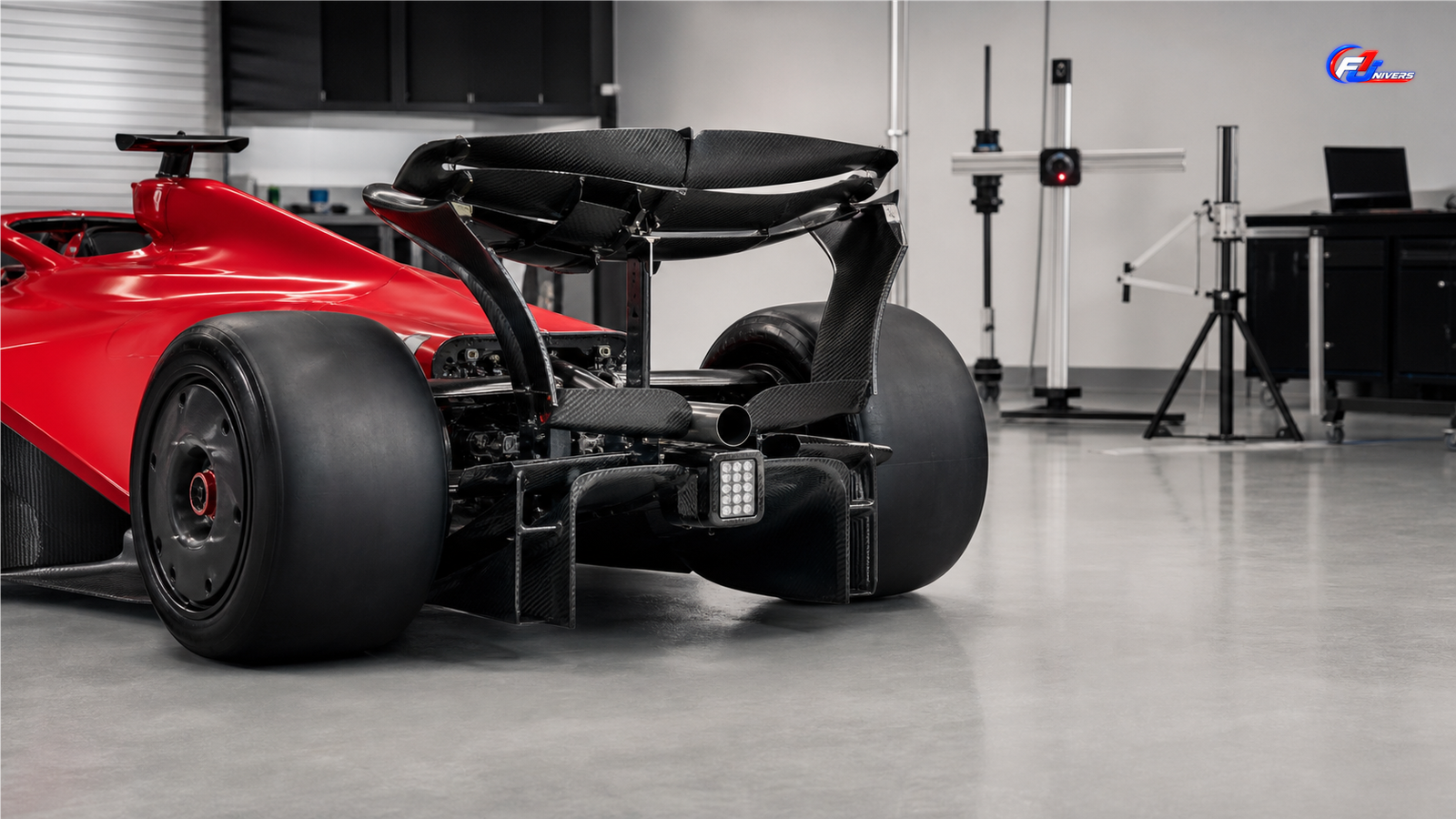 Illustration IA d’un aileron arrière actif de F1 en inspection technique dans un atelier