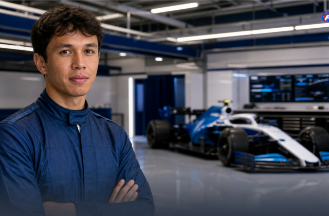 Alex Albon chez Williams dans un garage F1, visuel éditorial généré par IA