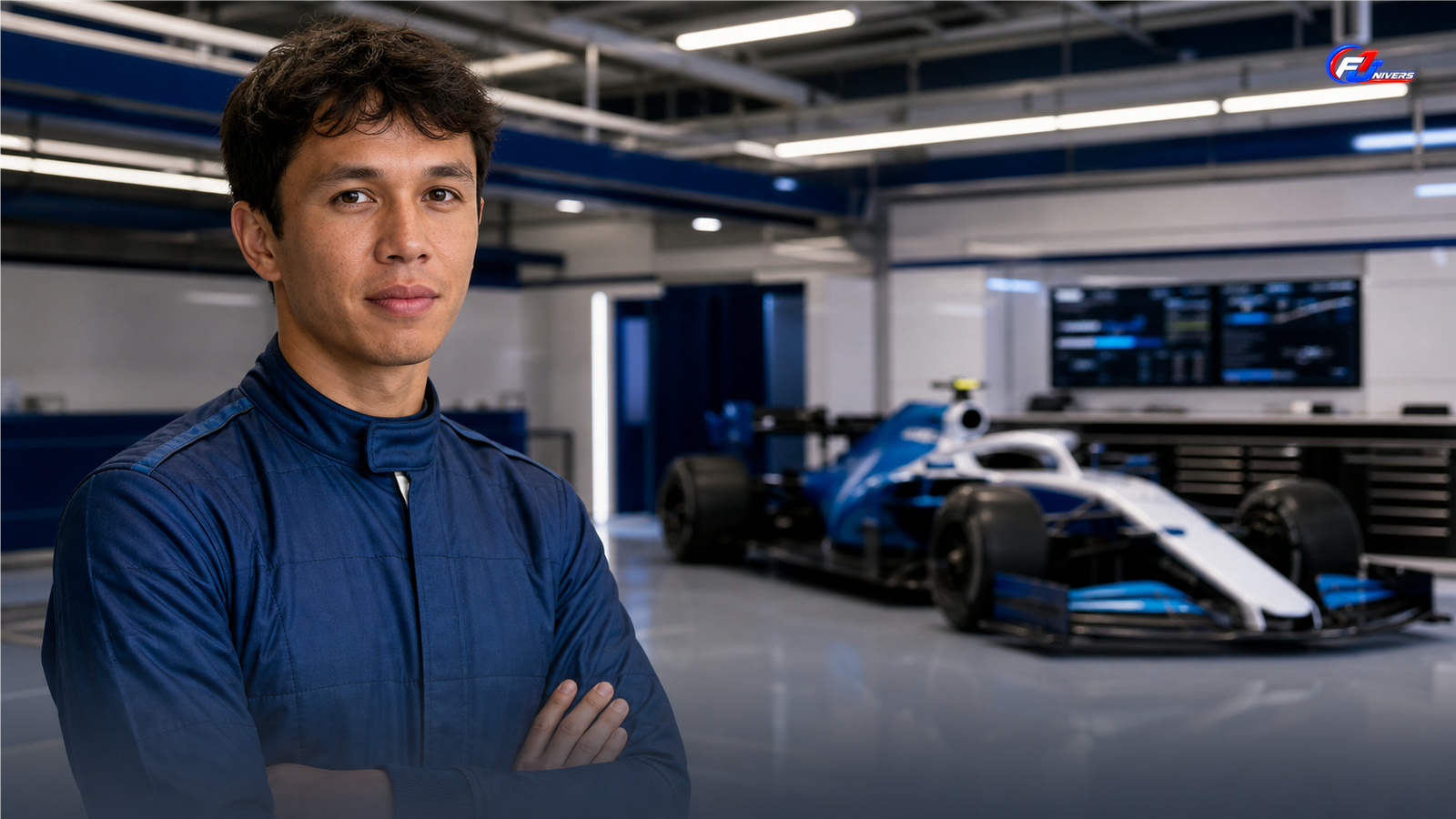Alex Albon chez Williams dans un garage F1, visuel éditorial généré par IA
