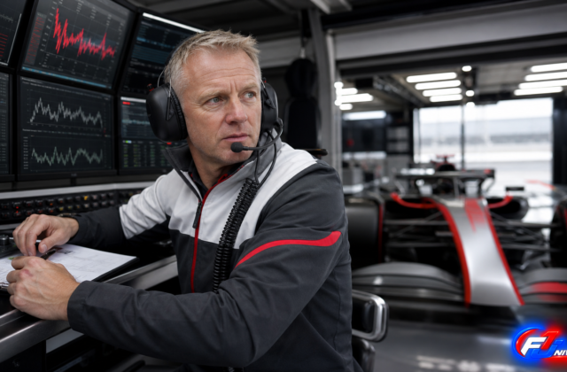 Visuel éditorial généré par IA montrant Allan McNish au muret des stands d’Audi F1 devant les écrans de stratégie