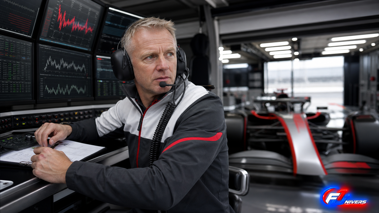 Visuel éditorial généré par IA montrant Allan McNish au muret des stands d’Audi F1 devant les écrans de stratégie