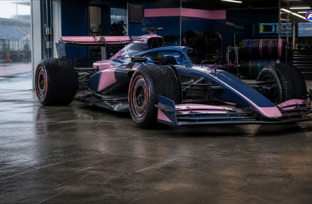 Monoplace de Formule 1 bleu et rose dans un garage à Zandvoort, illustration du duel Alpine-Racing Bulls — visuel éditorial généré par IA pour F1 Univers.