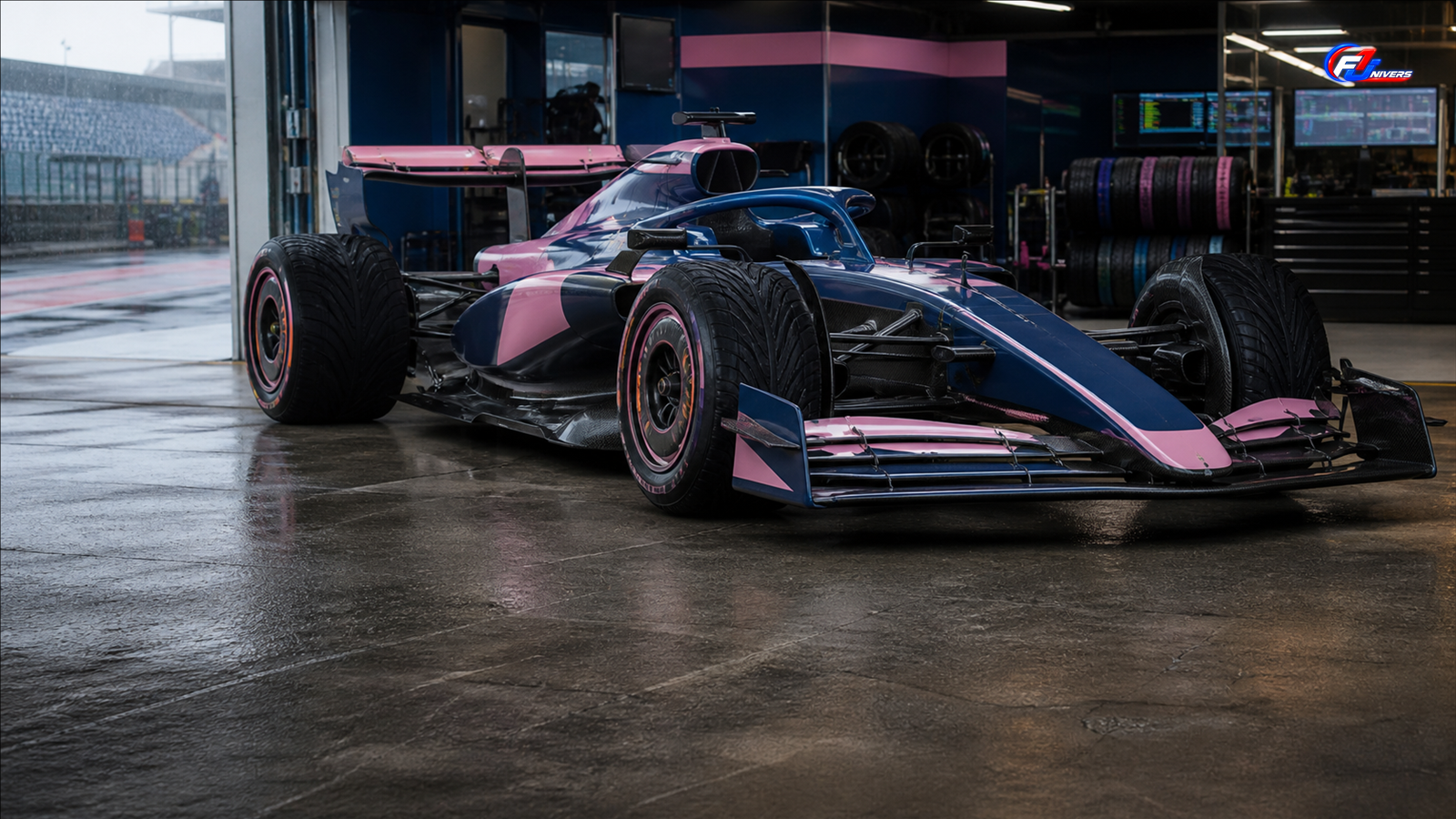 Monoplace de Formule 1 bleu et rose dans un garage à Zandvoort, illustration du duel Alpine-Racing Bulls — visuel éditorial généré par IA pour F1 Univers.