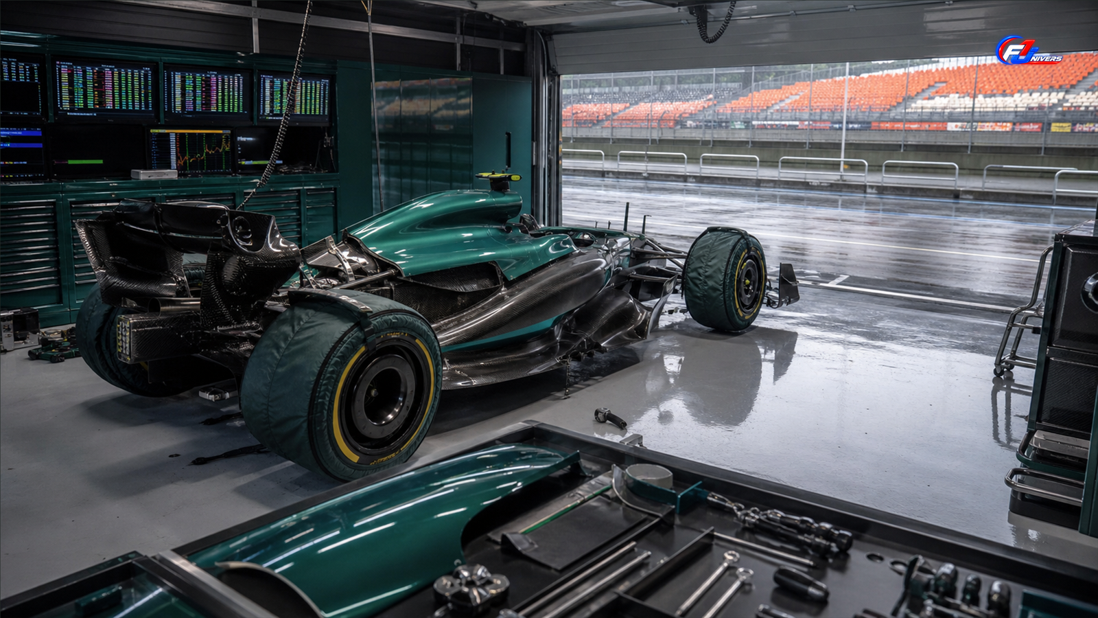 Monoplace verte fictive dans un garage technique inspiré d’Aston Martin à Zandvoort