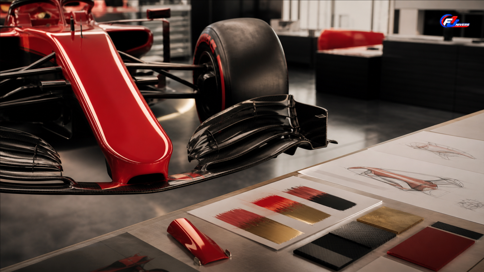 Échantillons rouge, noir et doré devant une monoplace, projection éditoriale d’un travail de livrée Ferrari hommage à Schumacher — visuel éditorial généré par IA pour F1 Univers, non officiel.