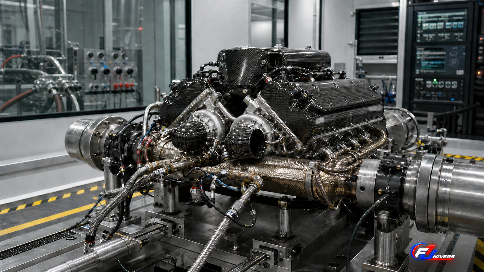 Concept de moteur F1 2031 V8 biturbo sur banc d’essai technique