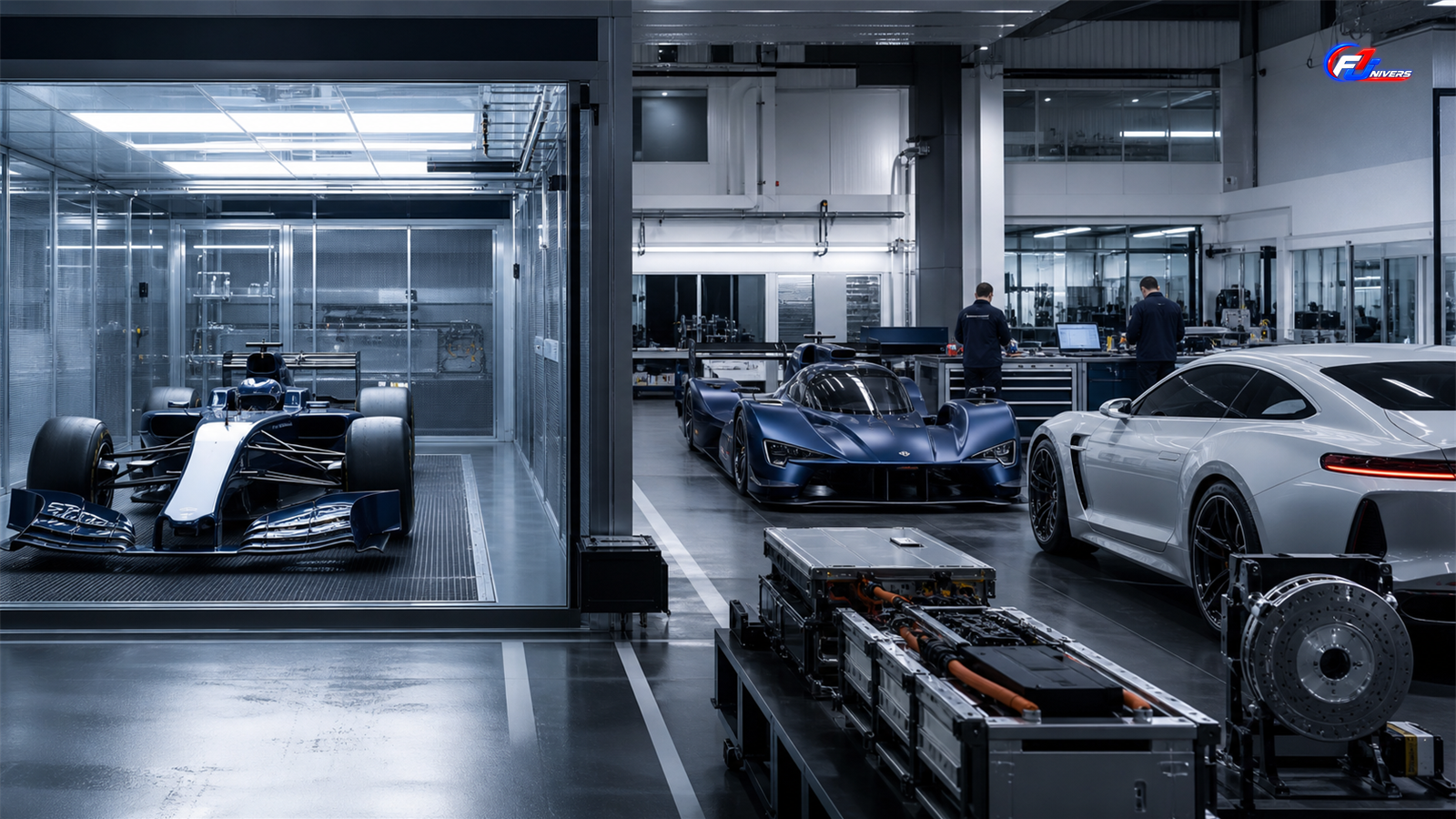 Laboratoire fictif comparant F1, endurance et voiture de série dans la stratégie BMW — visuel éditorial généré par IA pour F1 Univers.