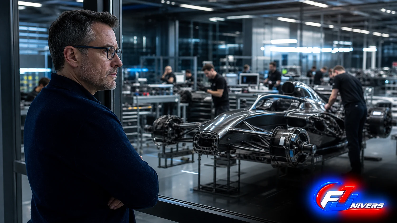 Visuel éditorial généré par IA représentant Marcin Budkowski devant une monoplace en construction, avec le logo F1 Univers