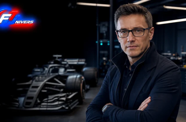 Visuel éditorial généré par IA représentant Marcin Budkowski dans un atelier de Formule 1, avec le logo F1 Univers