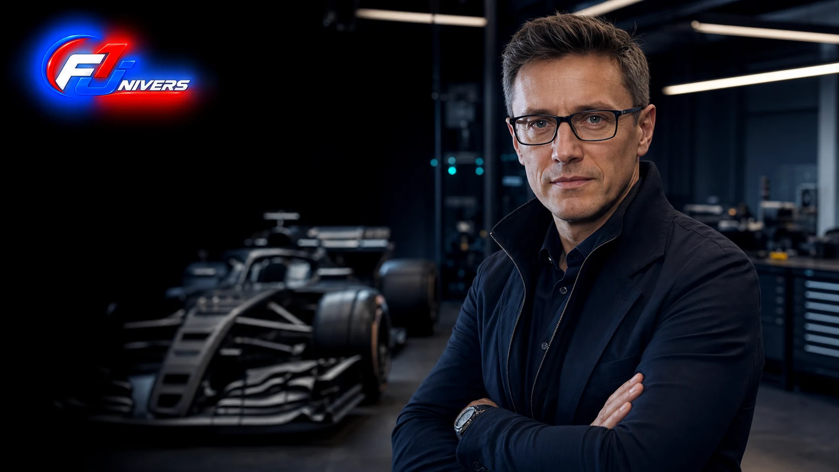 Visuel éditorial généré par IA représentant Marcin Budkowski dans un atelier de Formule 1, avec le logo F1 Univers