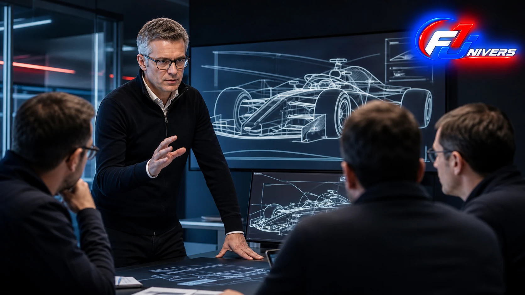 Visuel éditorial généré par IA représentant Marcin Budkowski conduisant une réunion technique, avec le logo F1 Univers