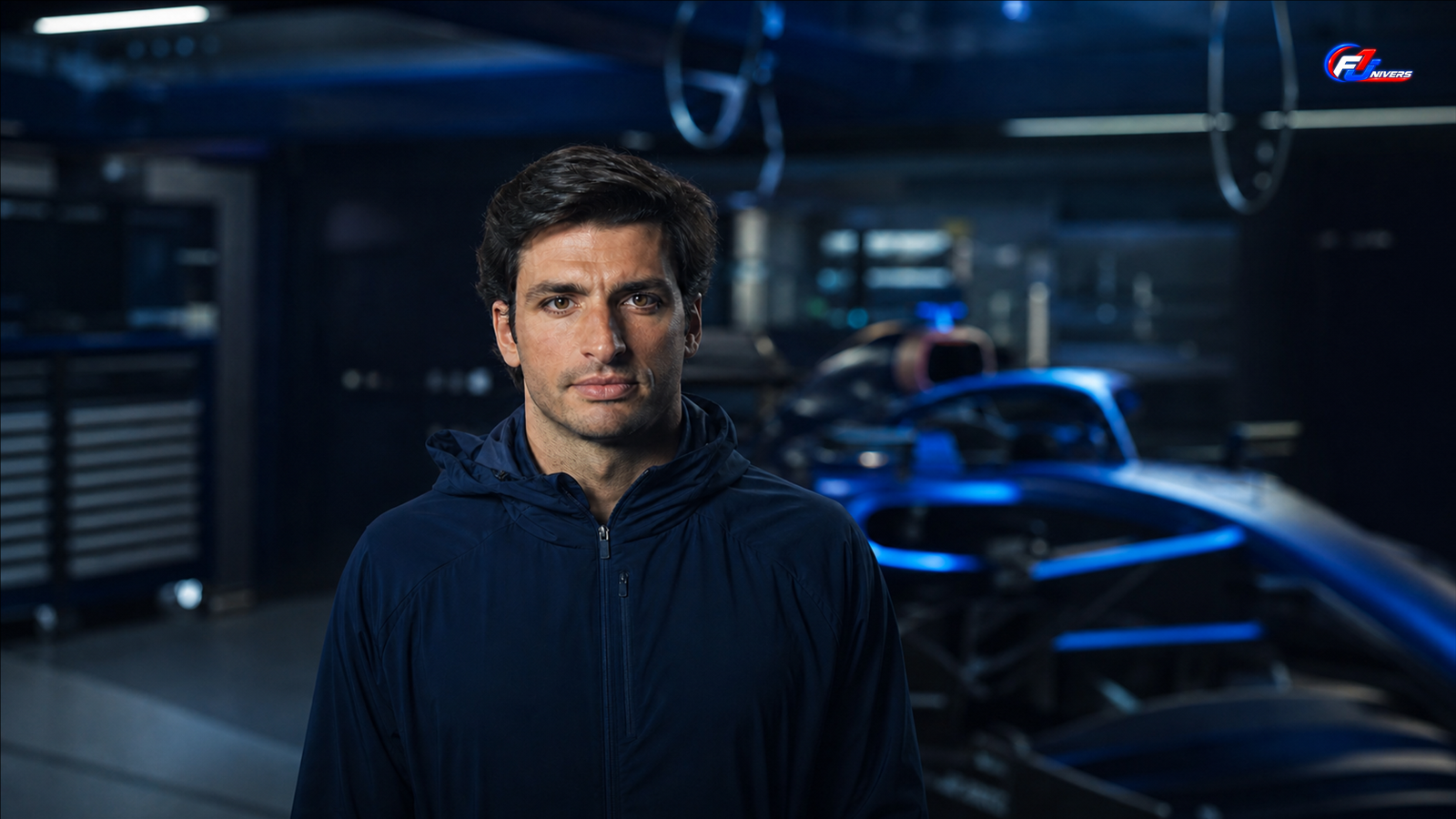 Carlos Sainz reste chez Williams, représenté dans un garage de Formule 1 fictif — visuel éditorial généré par IA pour F1 Univers.