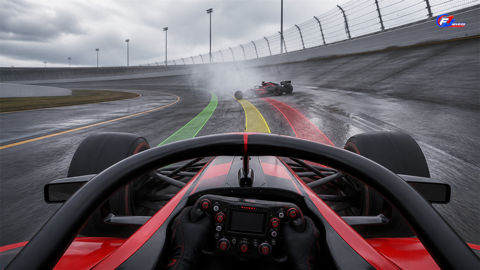 Vue de cockpit fictive montrant le choix de trajectoire d’Hülkenberg face à la voiture de Bortoleto en travers — visuel explicatif généré par IA