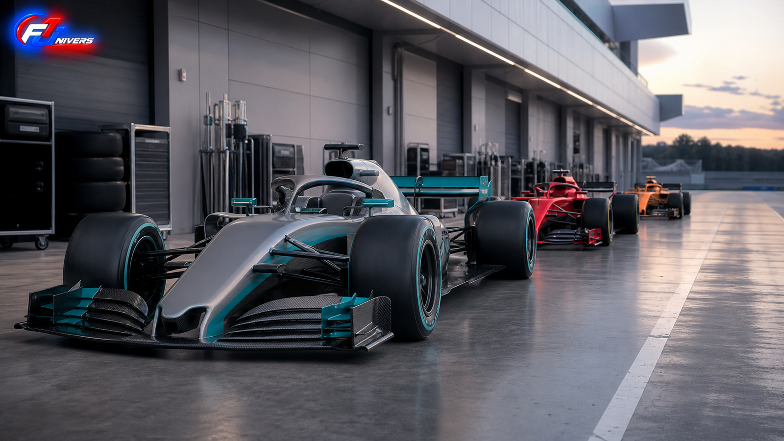 Classement constructeurs F1 2026 évoqué par trois monoplaces génériques argentée, rouge et orange — visuel éditorial généré par IA