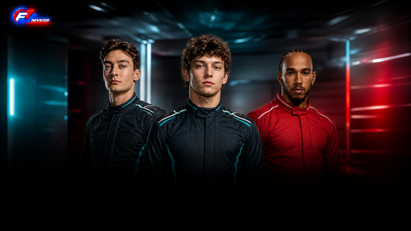 Classement F1 2026 avec Kimi Antonelli, George Russell et Lewis Hamilton — visuel éditorial généré par IA