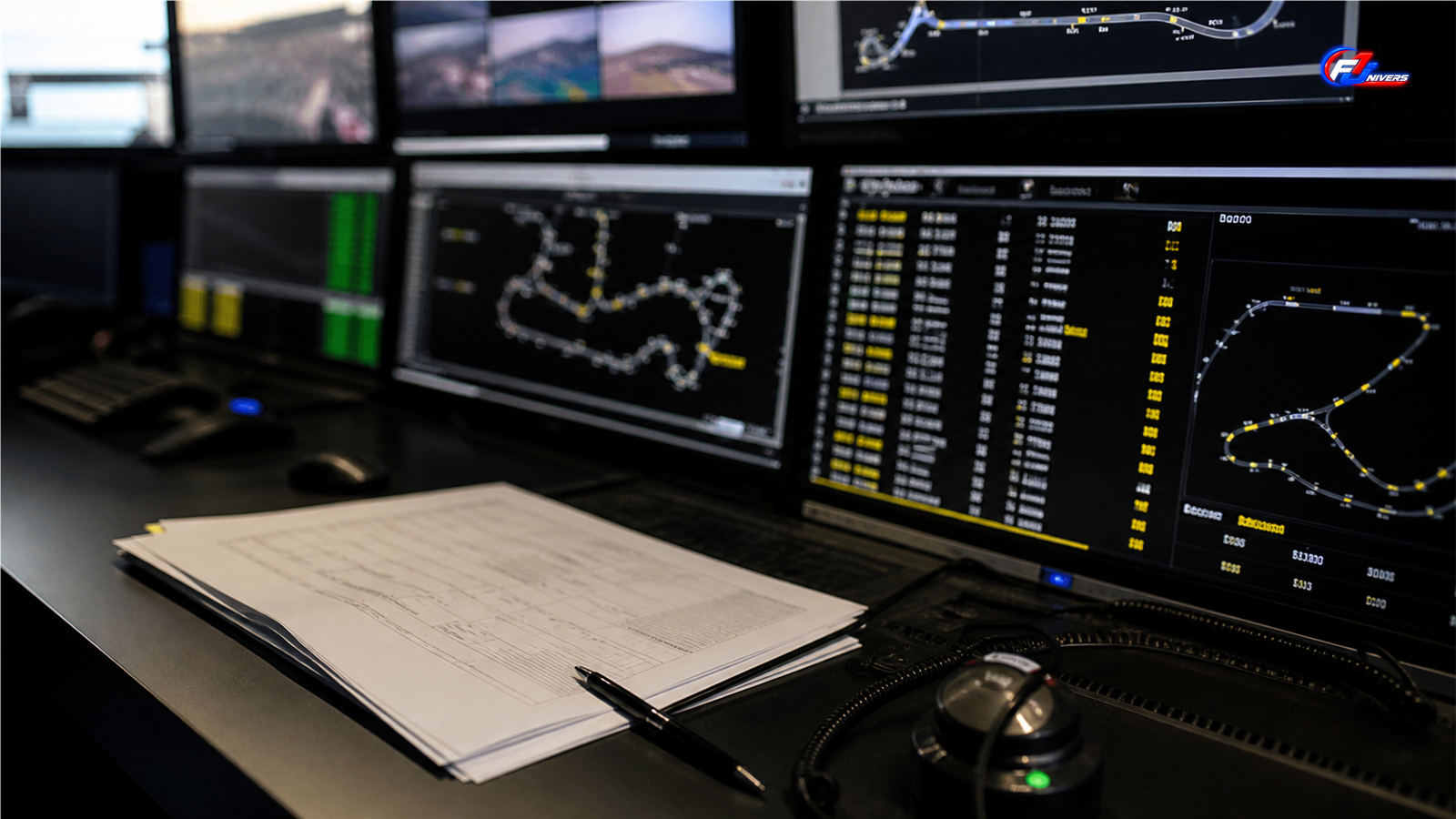 Poste d’analyse et de contrôle de course de Formule 1 à Zandvoort, visuel éditorial généré par IA