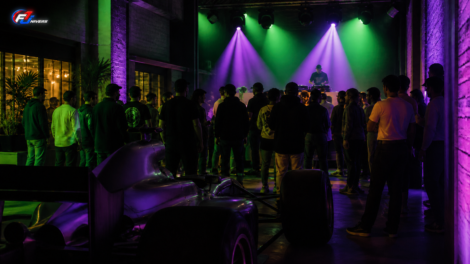 Communauté réunie autour d’une monoplace générique et d’un DJ pour illustrer la rencontre entre F1 et house music — visuel éditorial généré par IA