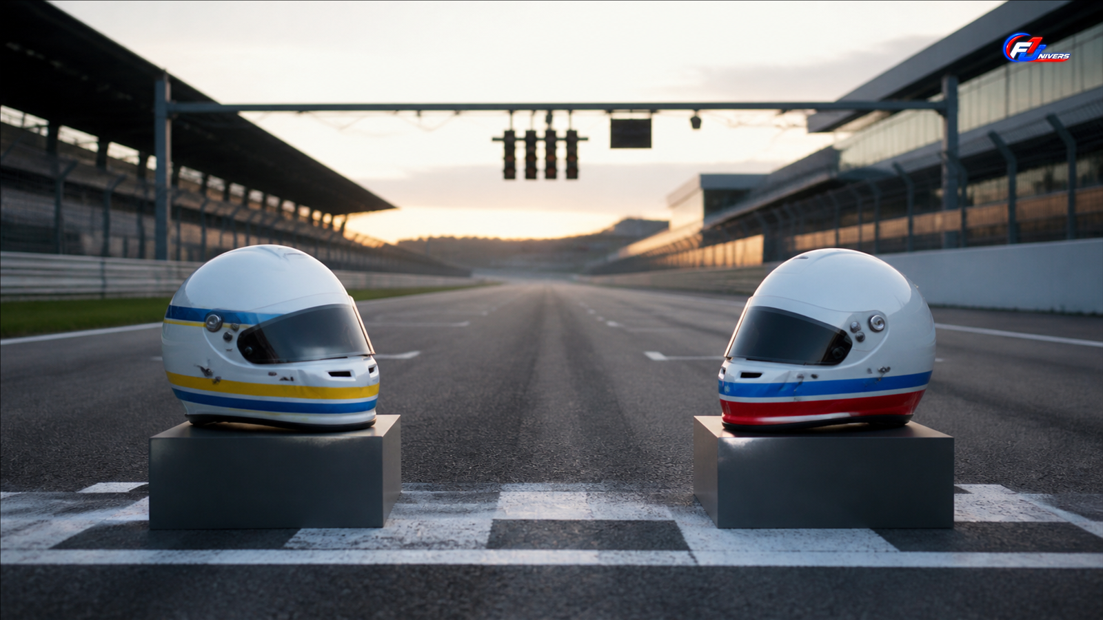 Deux casques fictifs sur une grille illustrant le statut FIA des concurrents russes et biélorusses — visuel éditorial généré par IA pour F1 Univers.