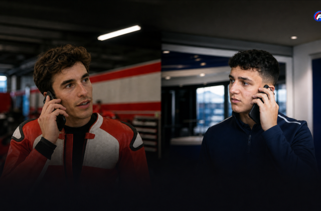 Conseil de Marc Márquez à Hadjar illustré par un appel entre deux paddocks fictifs — visuel éditorial généré par IA pour F1 Univers.