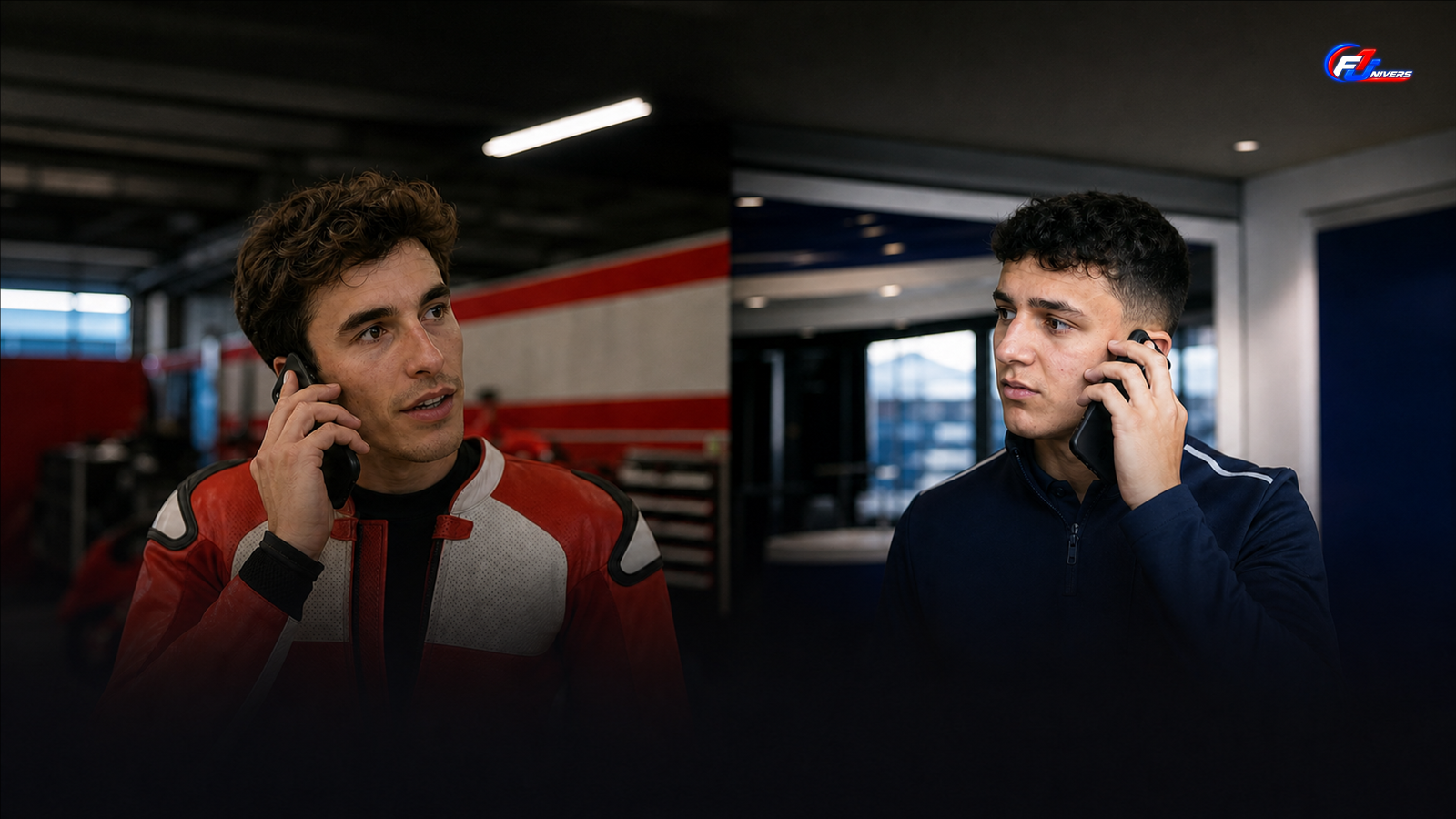 Conseil de Marc Márquez à Hadjar illustré par un appel entre deux paddocks fictifs — visuel éditorial généré par IA pour F1 Univers.