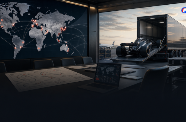 Visuel éditorial généré par IA : planification mondiale et logistique des Grands Prix de Formule 1.