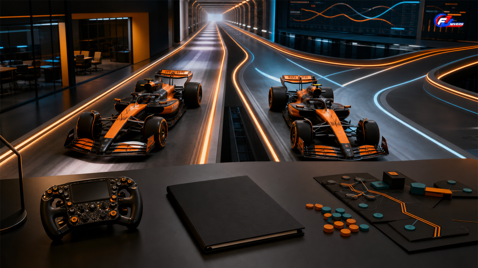 Deux monoplaces fictives illustrent l’avenir d’Oscar Piastri chez McLaren et les horizons contractuels du duo — visuel éditorial généré par IA