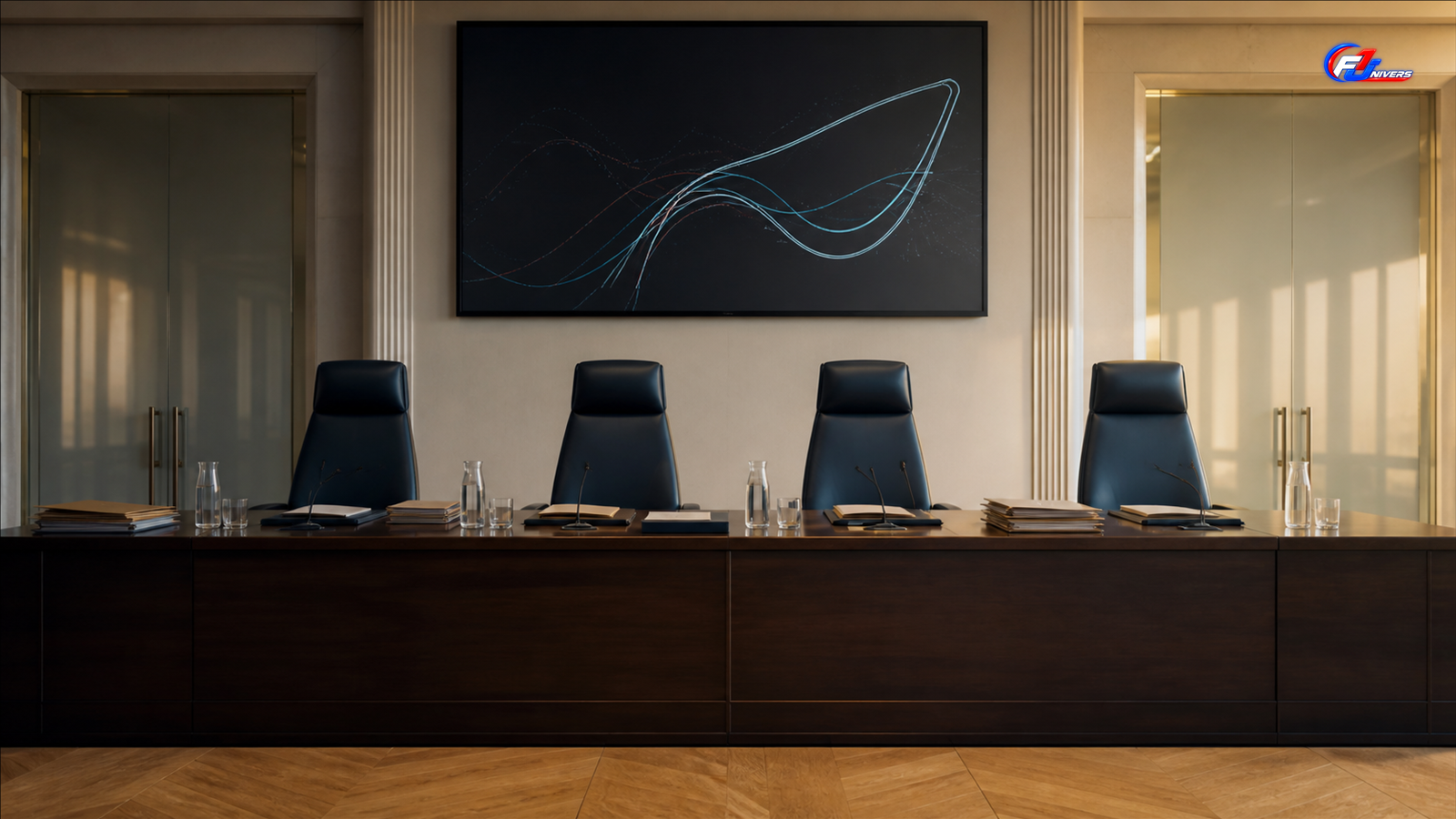 Salle d’appel fictive et vide avec quatre sièges et des courbes de télémétrie abstraites — visuel éditorial généré par IA pour F1 Univers.