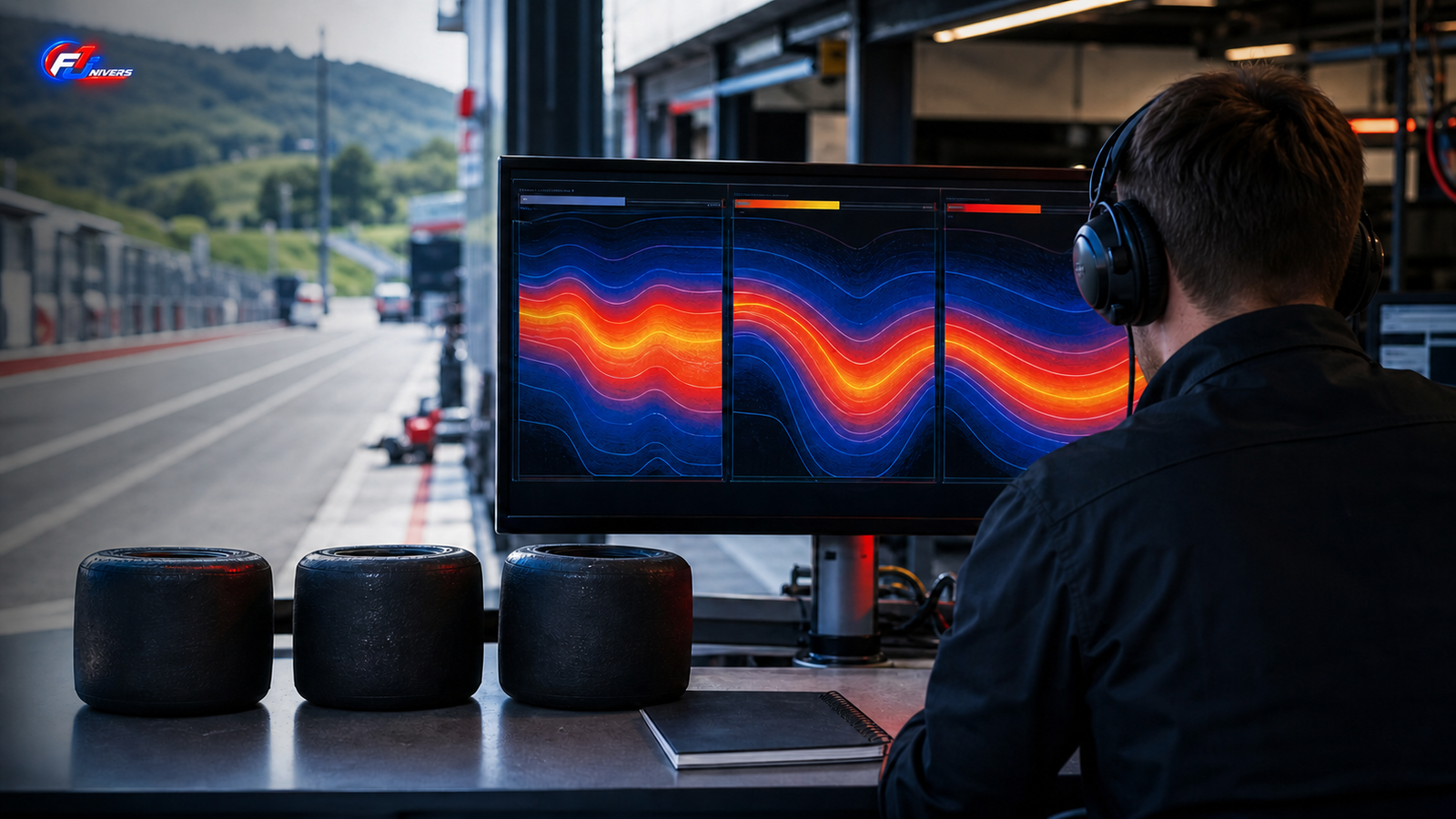 Ingénieur analysant des données conceptuelles issues d’un essai de pneus F1 — visuel éditorial généré par IA pour F1 Univers
