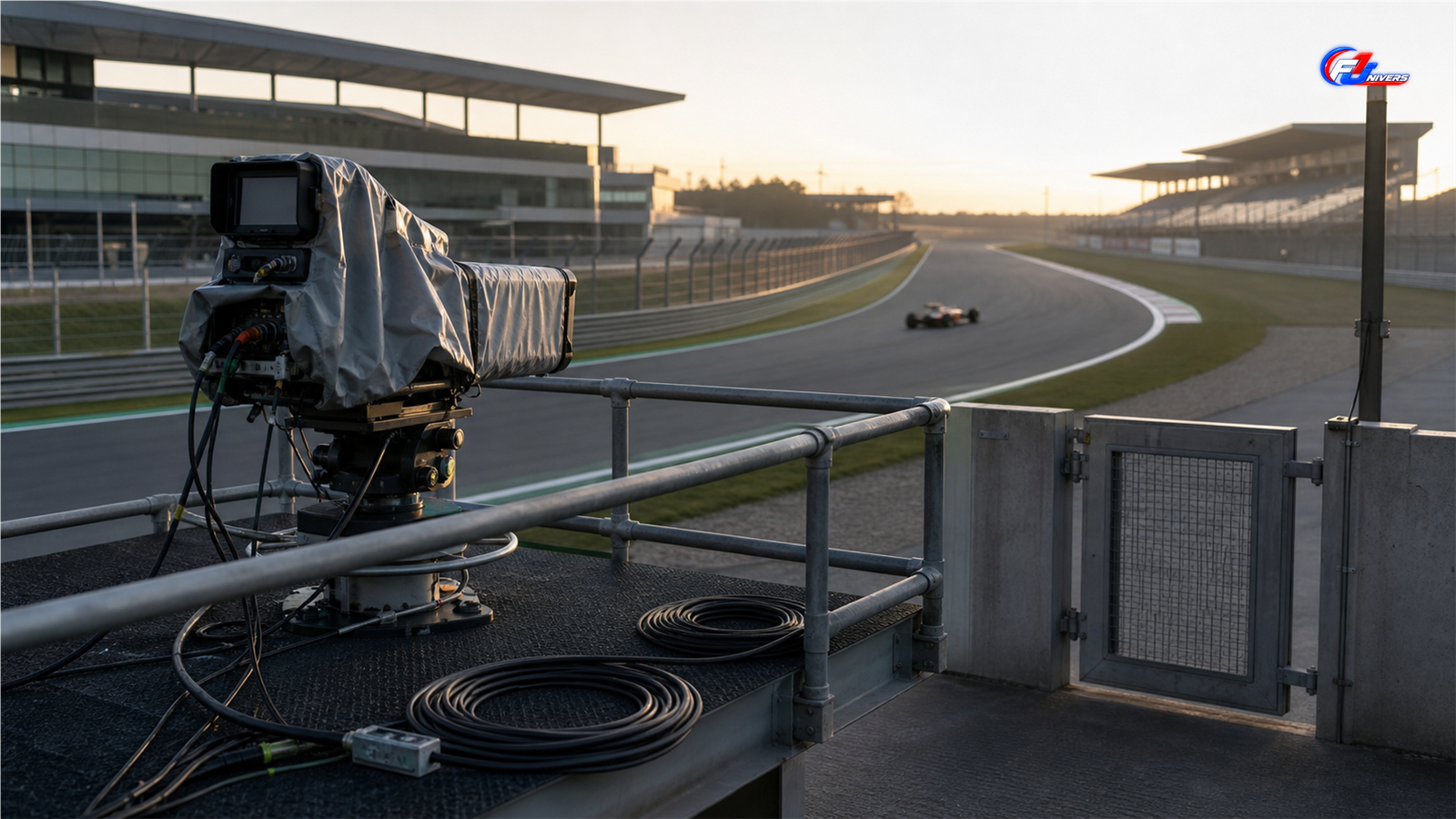 Caméra de télévision installée en bord de piste face à une monoplace floue sur un circuit au lever du jour
