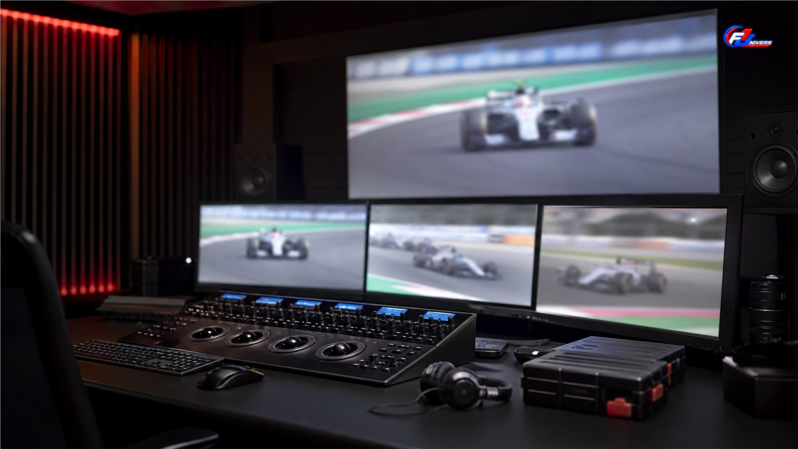 Salle de post-production avec écrans floutés de monoplaces et console de montage documentaire