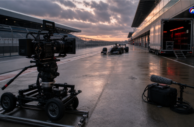 Drive to Survive saison 9 : caméra de cinéma et matériel de tournage sur une voie des stands de Formule 1 vide au crépuscule