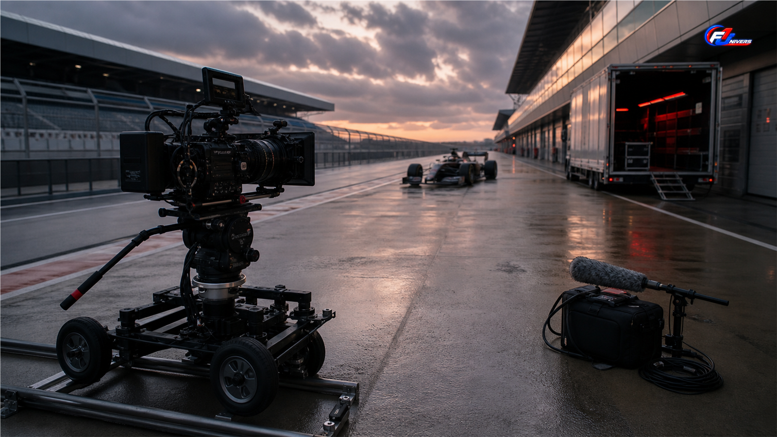 Drive to Survive saison 9 : caméra de cinéma et matériel de tournage sur une voie des stands de Formule 1 vide au crépuscule