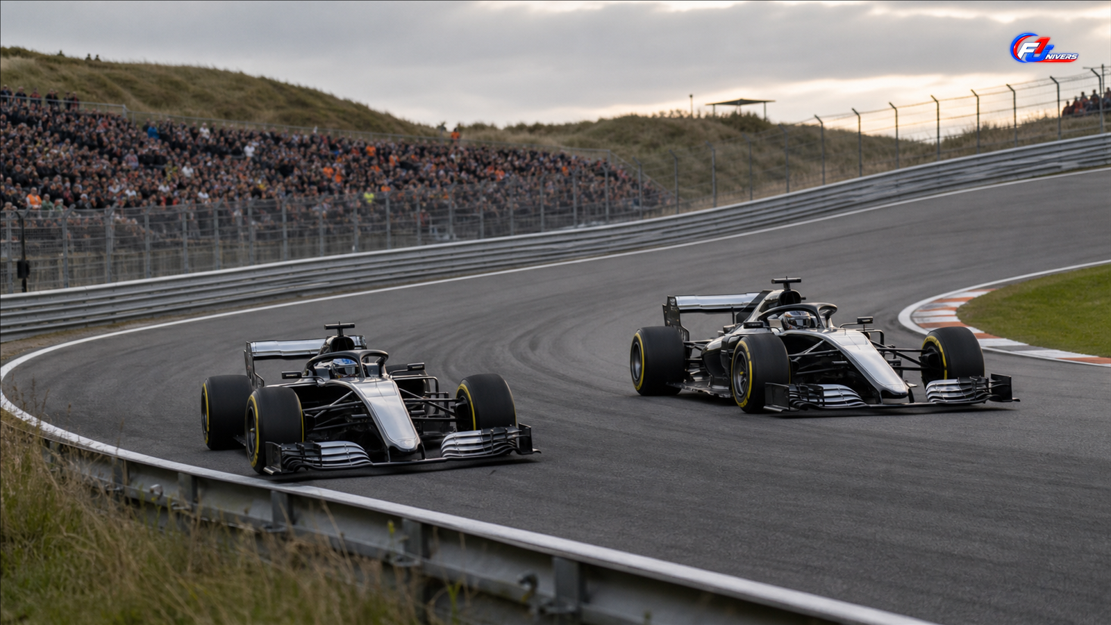 Deux monoplaces argentées fictives illustrant le moment où Russell laisse passer Antonelli à Zandvoort — visuel éditorial généré par IA pour F1 Univers.