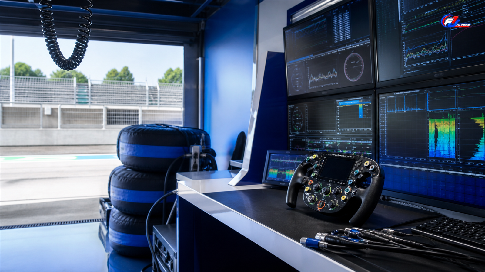 Poste de télémétrie et volant fictif illustrant le retour de données après une EL1 à Monza — visuel éditorial généré par IA pour F1 Univers.
