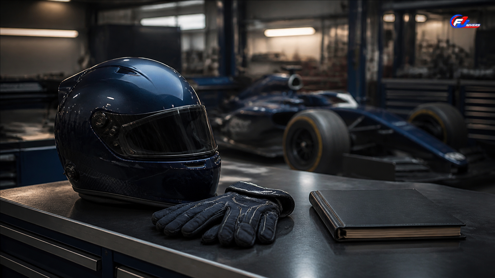 Casque et gants fictifs dans un atelier de Formule 1 bleu sombre, symbolisant l’engagement de Carlos Sainz — visuel éditorial généré par IA pour F1 Univers.