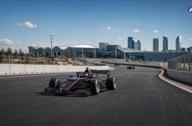 Monoplace de Formule 3 fictive sur un circuit semi-urbain évoquant les essais F3 au Madring de Madrid — visuel éditorial généré par IA pour F1 Univers.