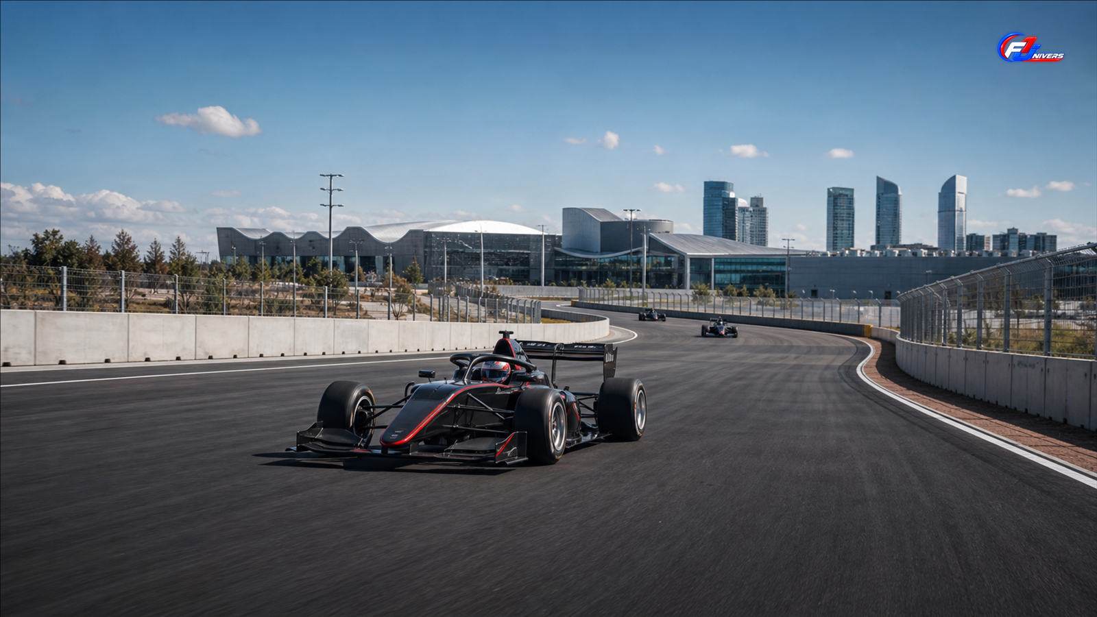 Monoplace de Formule 3 fictive sur un circuit semi-urbain évoquant les essais F3 au Madring de Madrid — visuel éditorial généré par IA pour F1 Univers.