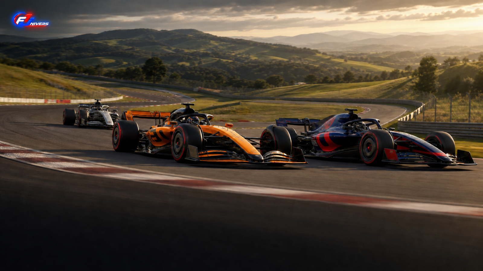 Essais Pirelli au Mugello 2026 avec trois monoplaces génériques sur un circuit toscan — visuel éditorial généré par IA