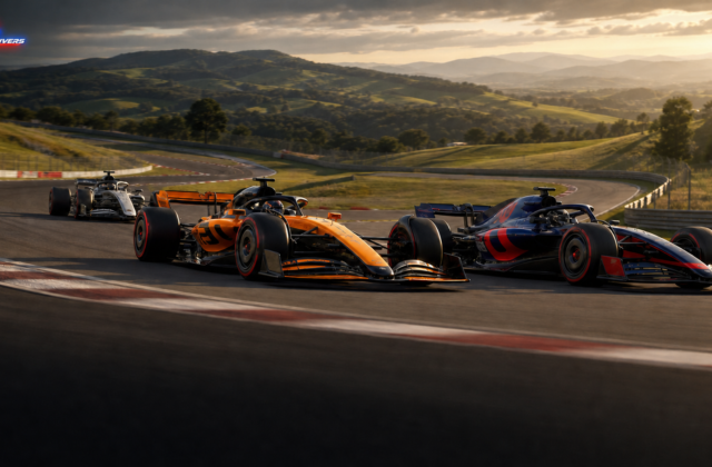 Essais Pirelli au Mugello 2026 avec trois monoplaces génériques sur un circuit toscan — visuel éditorial généré par IA