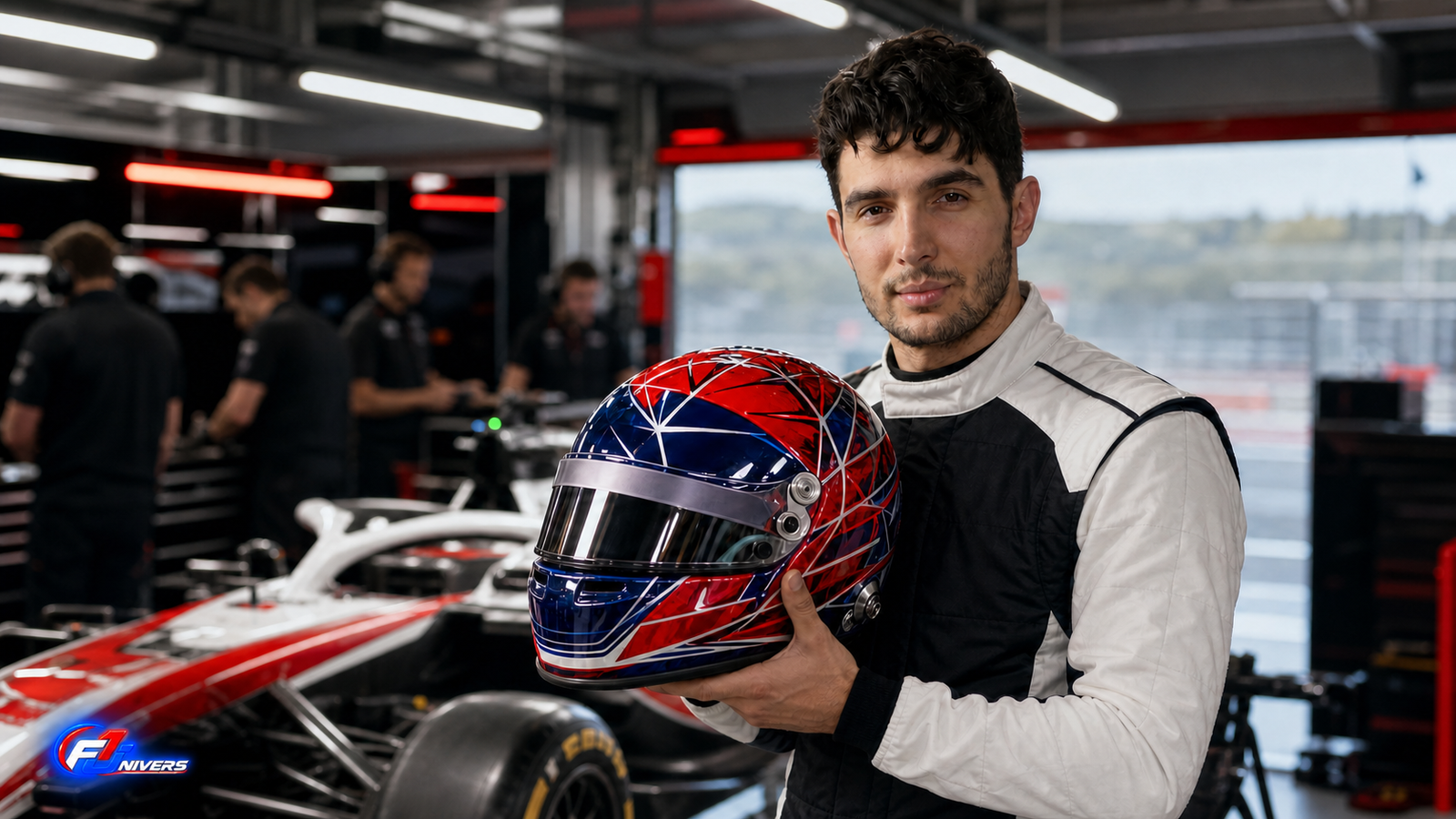 Esteban Ocon présente un casque aux couleurs rouge et bleu dans un garage de Formule 1