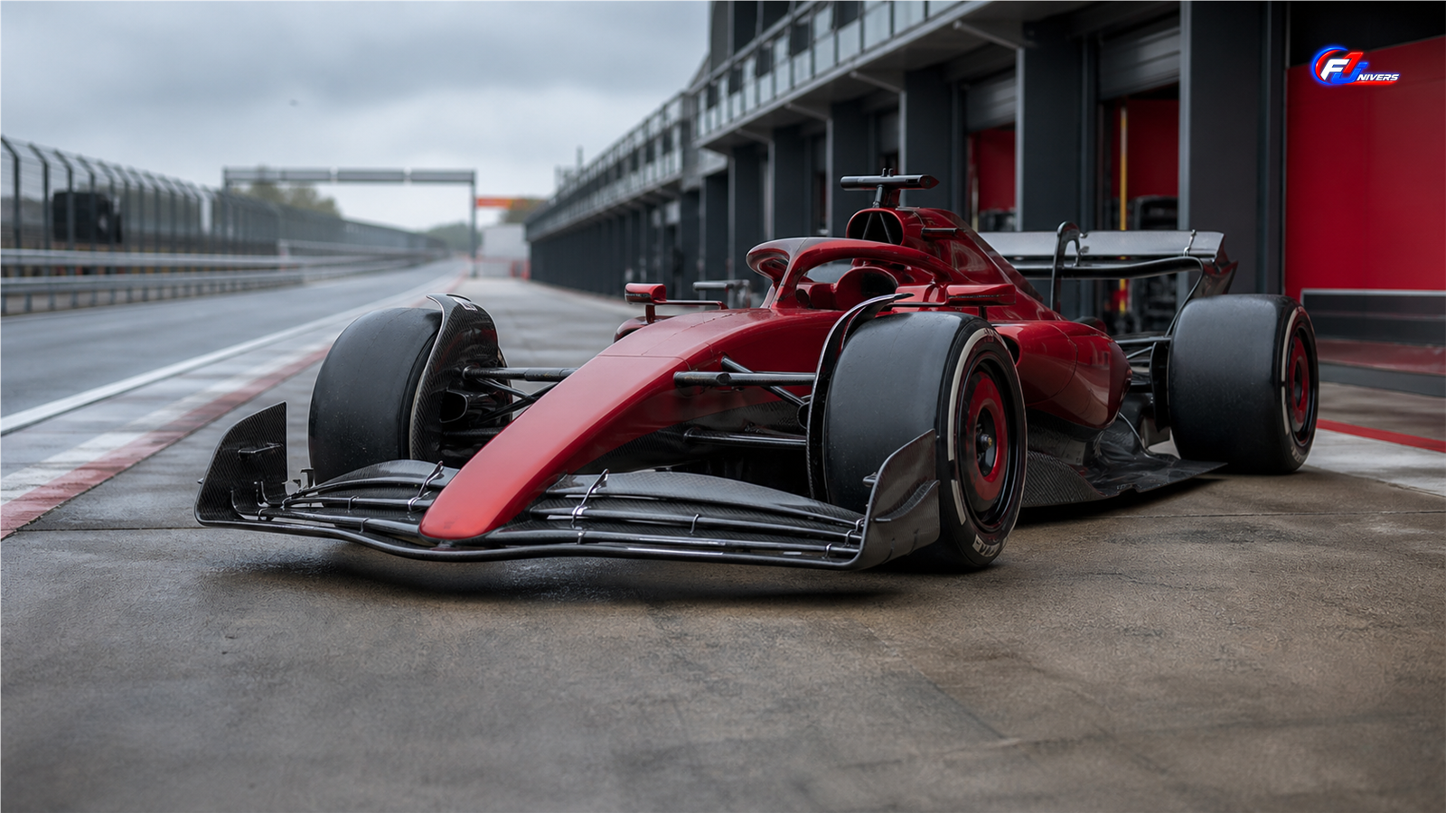 Évolutions Ferrari SF-26 : monoplace rouge dans la voie des stands de Zandvoort, visuel éditorial généré par IA