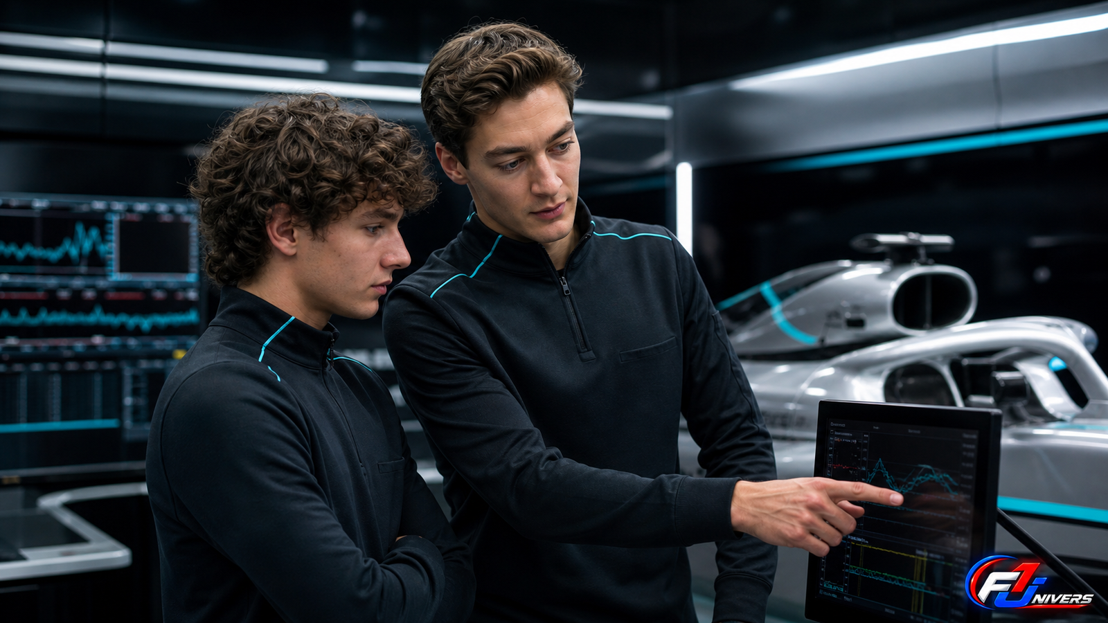 Visuel éditorial généré par IA montrant Kimi Antonelli et George Russell devant les écrans d’un garage Mercedes