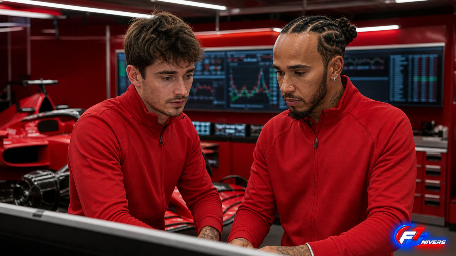 Visuel éditorial généré par IA montrant Lewis Hamilton et Charles Leclerc dans un garage Ferrari avant une qualification