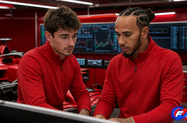 Visuel éditorial généré par IA montrant Lewis Hamilton et Charles Leclerc dans un garage Ferrari avant une qualification