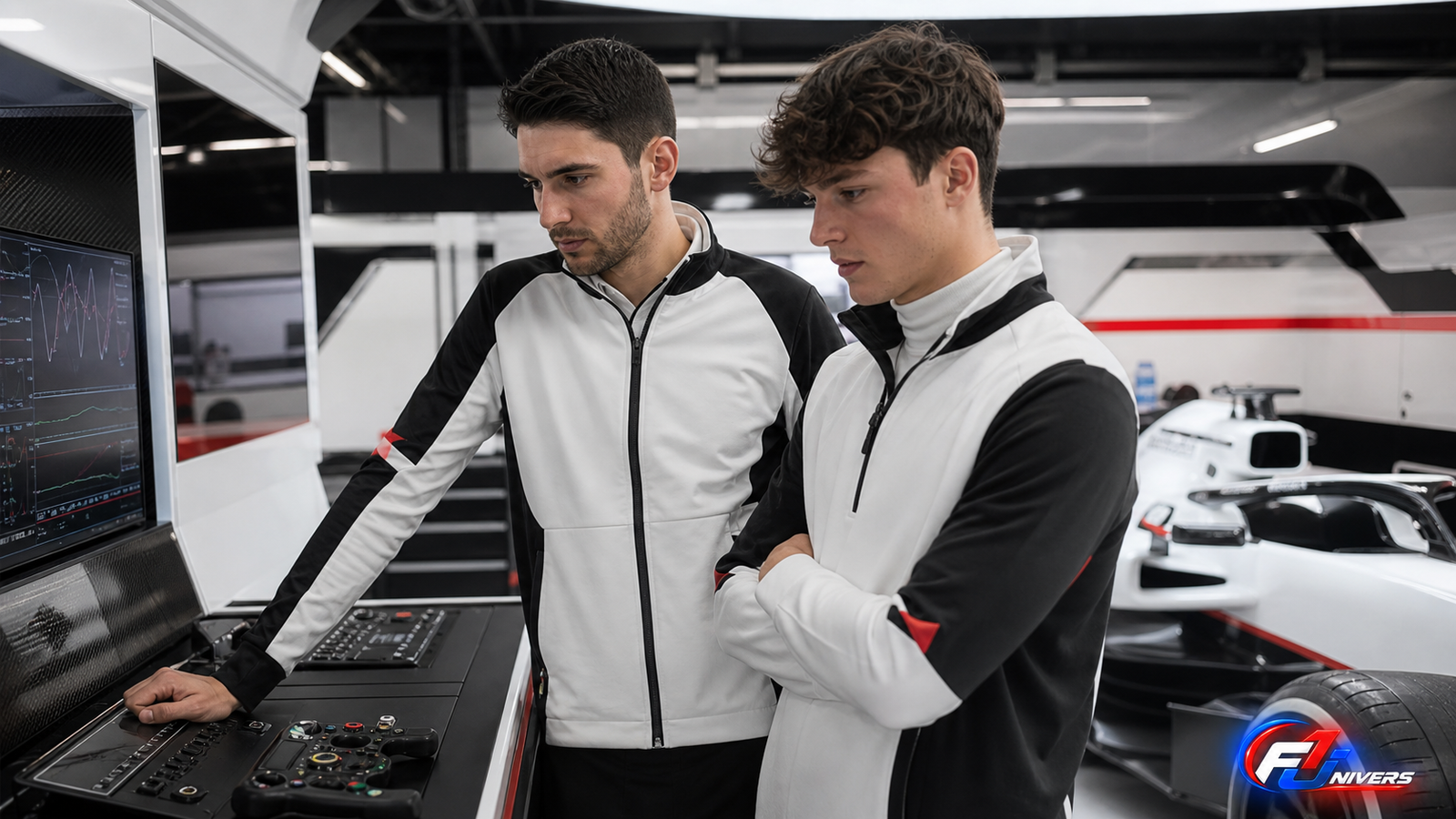 Visuel éditorial généré par IA montrant Esteban Ocon et Oliver Bearman en débriefing dans un garage Haas
